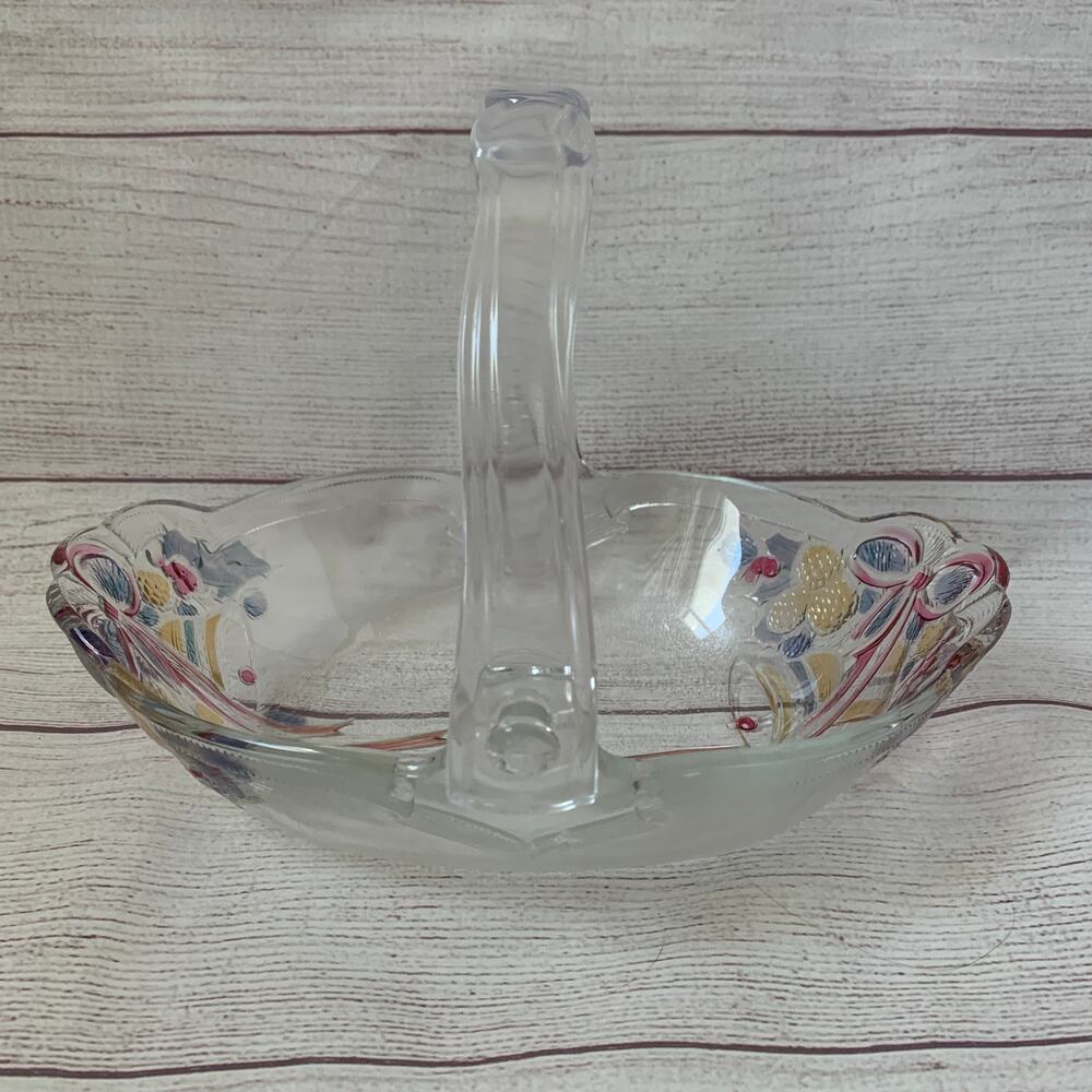 Vintage Mikasa Glass Christmas Basket Bowl with Bells and Plastic Bow Handle